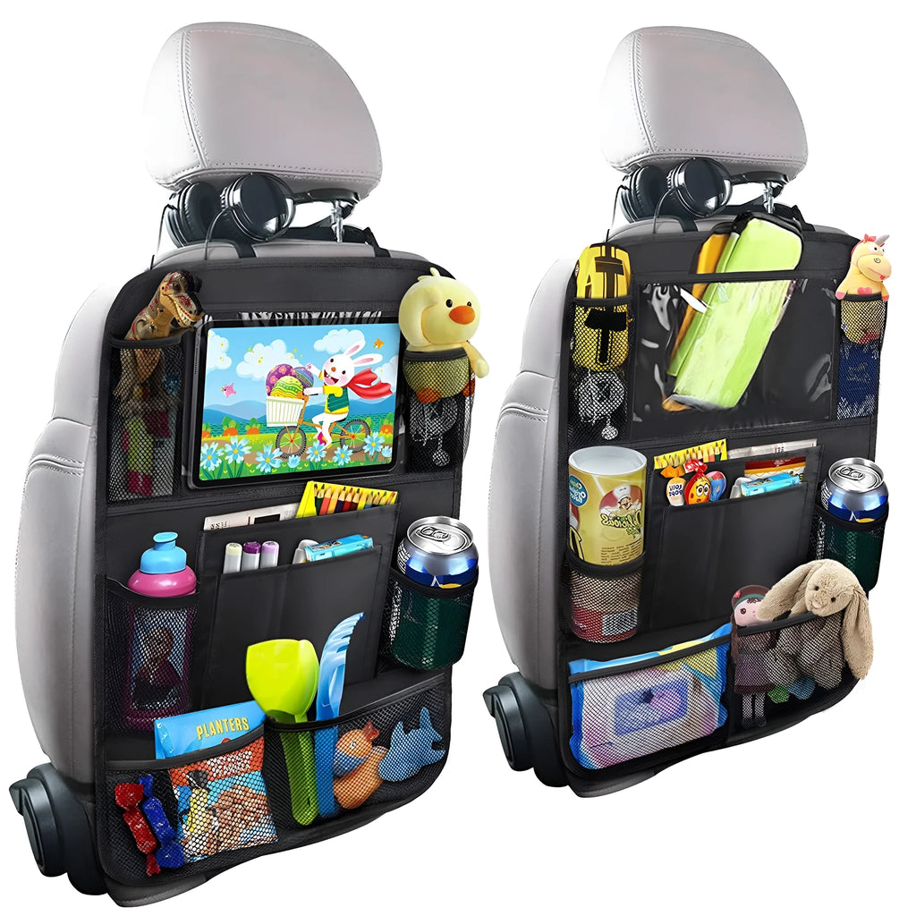 Black car seat back storage pouch with 9 bags and transparent iPad pocket, 61x41cm, made from 600D Oxford cloth