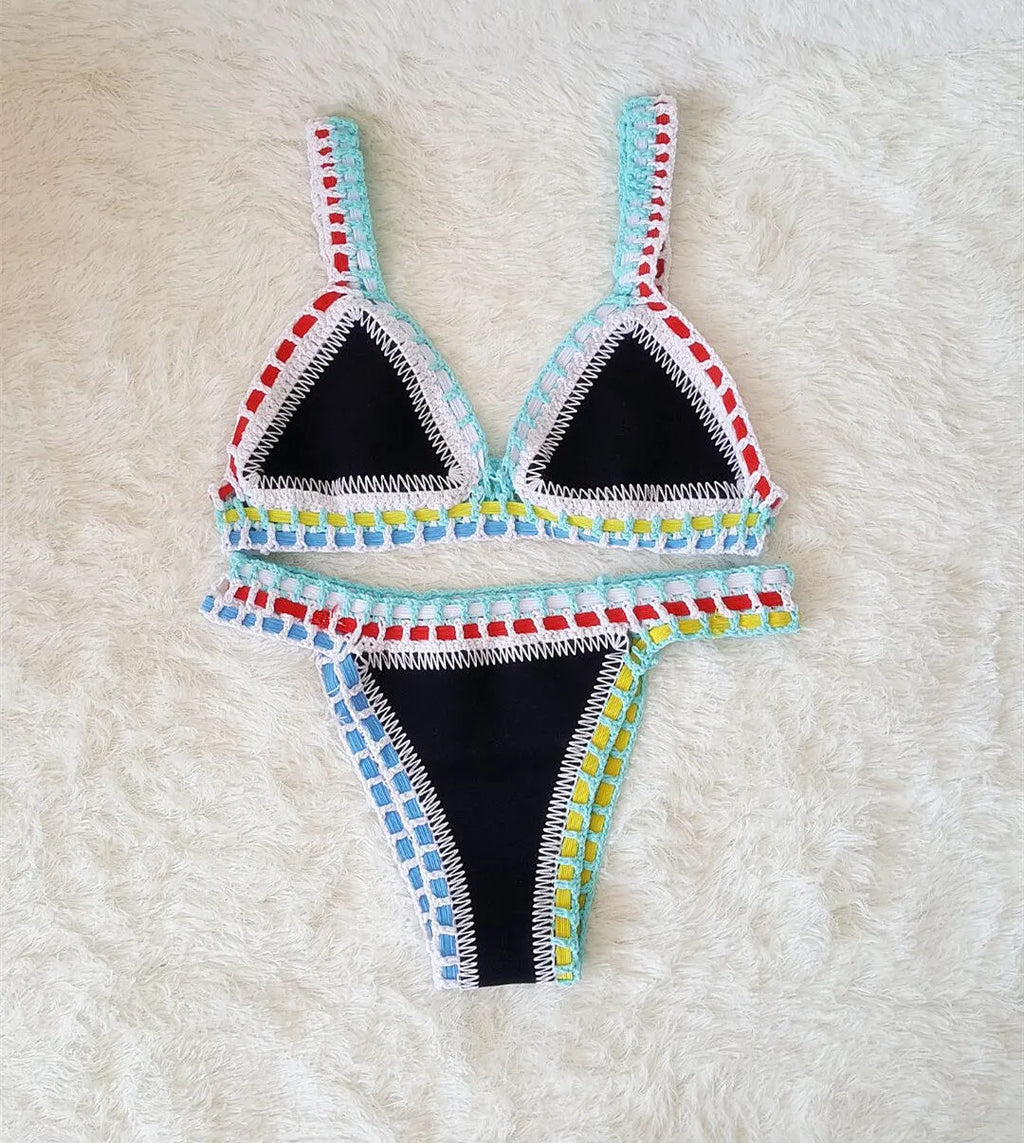 Hand crochet colourful bikini set with lace trim and rubber straps in multiple colours on white background