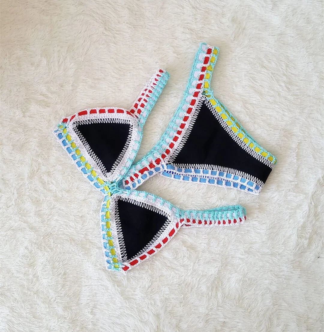 Hand crochet colourful bikini set with lace trim and rubber straps in multiple colours on white background