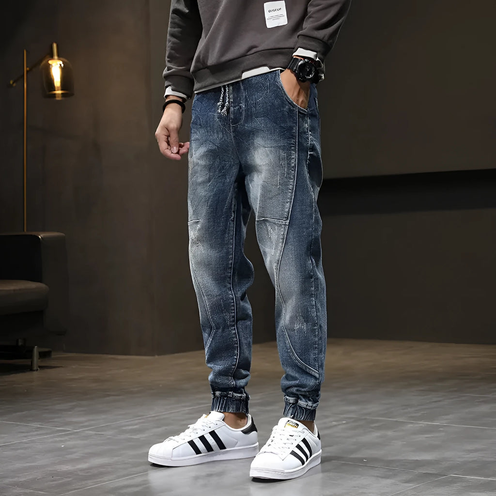 Men's plus size velvet stretch jeans in blue with slim fit and tether closure