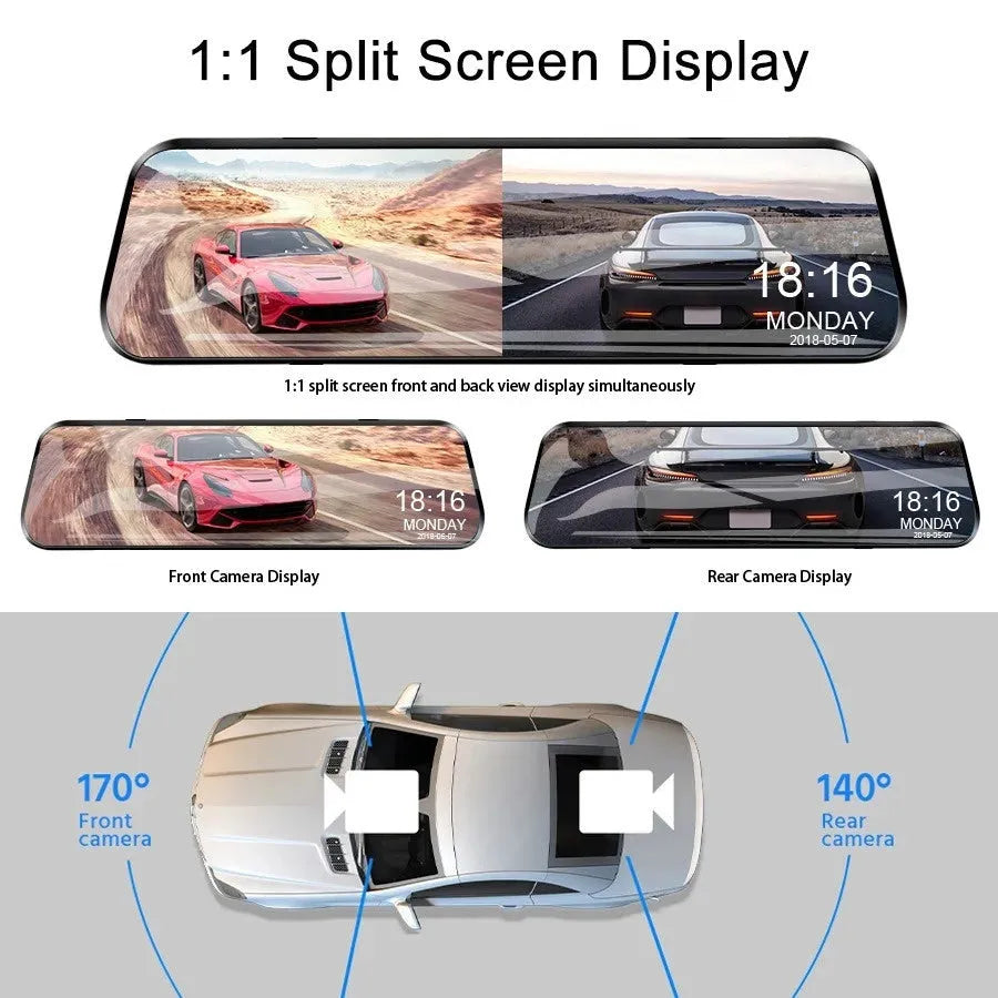 Car rearview mirror camera with 9.88 inch touch screen, motion detection, WiFi, and 1080p recording