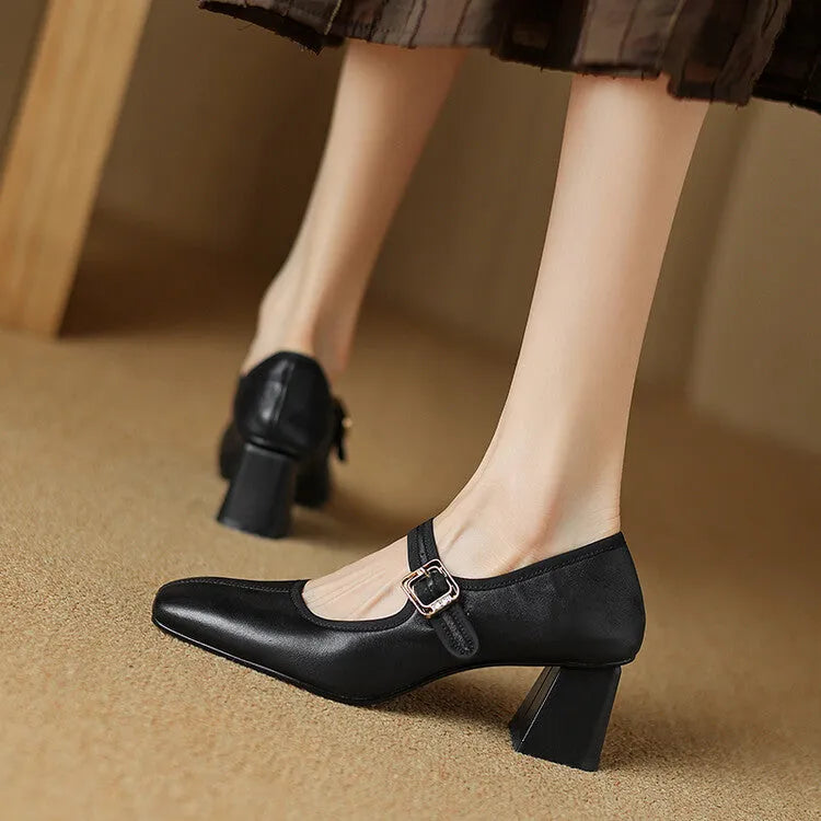 Women's square toe chunky heel pumps in black and wine red with sheepskin upper