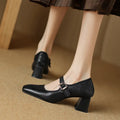 Women's square toe chunky heel pumps in black and wine red with sheepskin upper