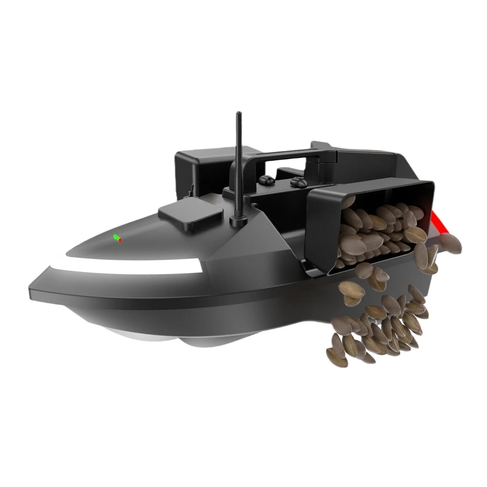 V020 GPS remote control fishing boat with LED light on hull, shown on water with remote.