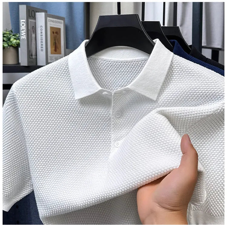 Men's loose grey short sleeve cotton sweater on a hanger