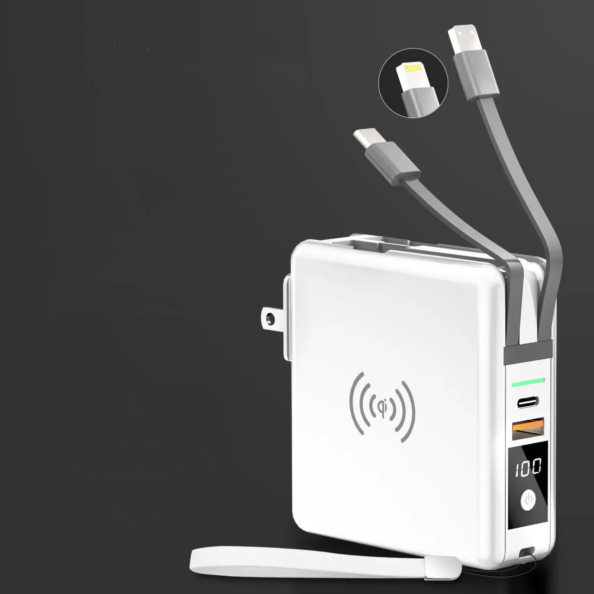 Black cylindrical Super QI power bank with built-in folding UK plug and wireless charging symbol on top