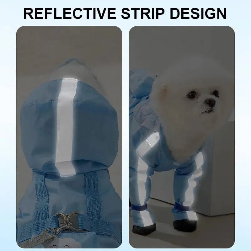 Blue pet dog raincoat with full body and four leg coverage on a small dog