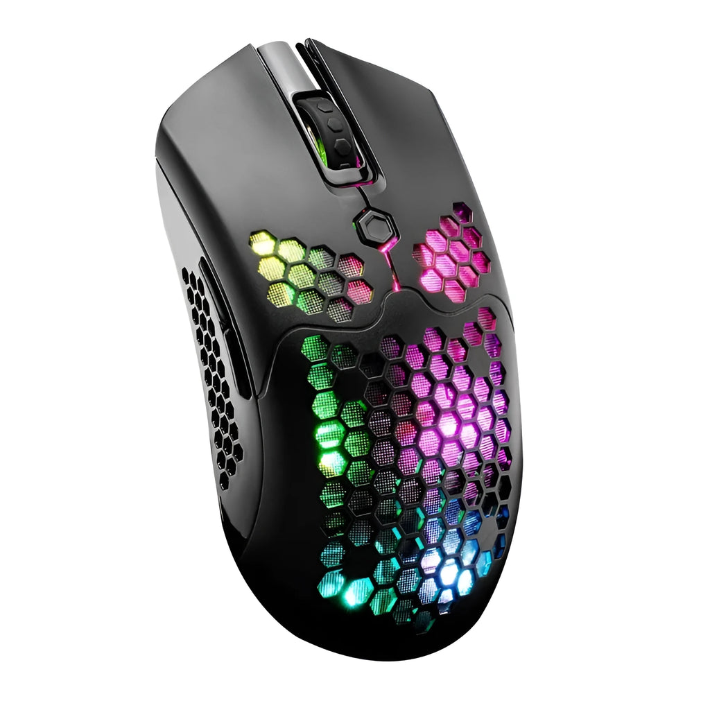 Free Wolf X2 wireless gaming mouse in black on a mouse mat, showing RGB lighting and USB-C cable.