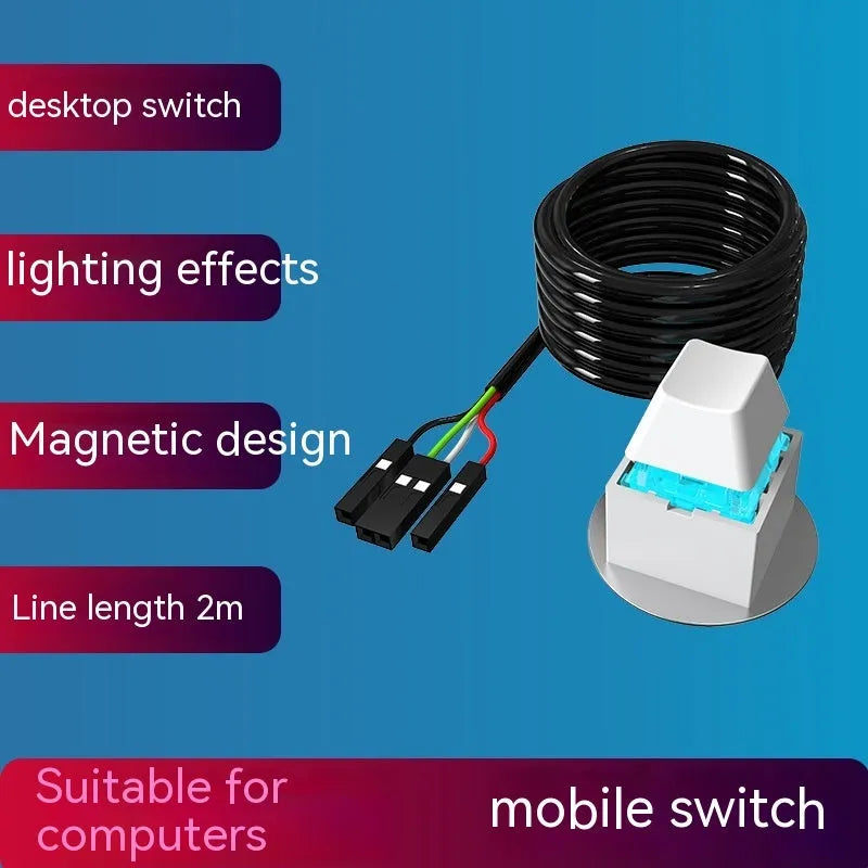 Computer external power supply with start lengthened button in black, white, yellow, green colours and magnetic or wireless switch options