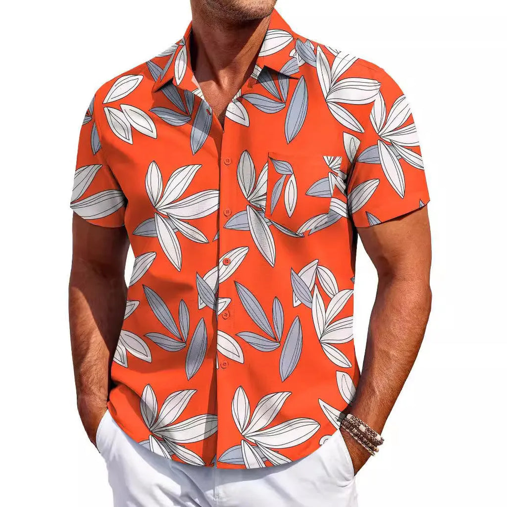 Men's slim fit Hawaiian style short sleeve shirt in elastic polyester fabric