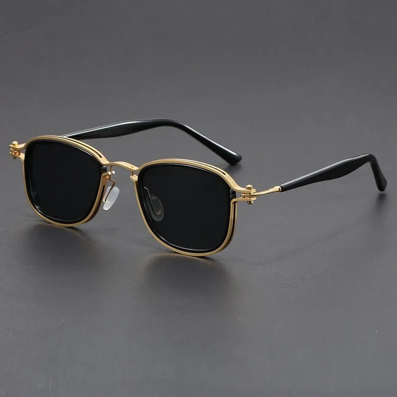 Retro square sunglasses with metal and plastic frame, shown in Hawksbill Tea colour with wave pattern on lenses.