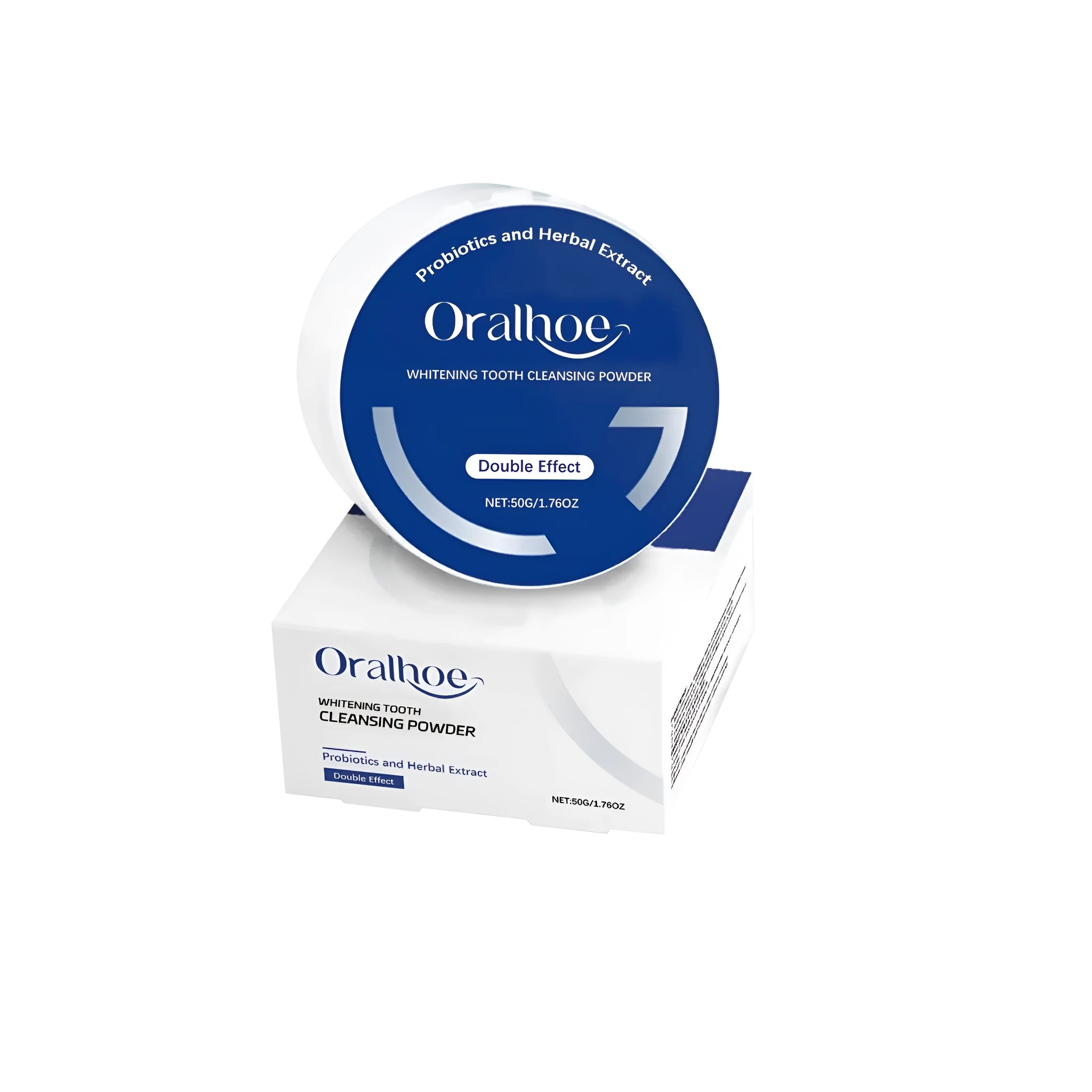 Probiotic Blue Bright White Tooth Powder in a white tub, 50g, with ingredients list on label