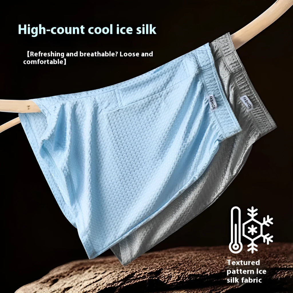 Men's nylon ice silk boxers in carbon crystal black, solid colour, knitted fabric, mid waist