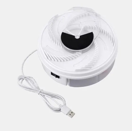 White USB electric fly trap with automatic fan, compact PP plastic body, 20 square metre coverage