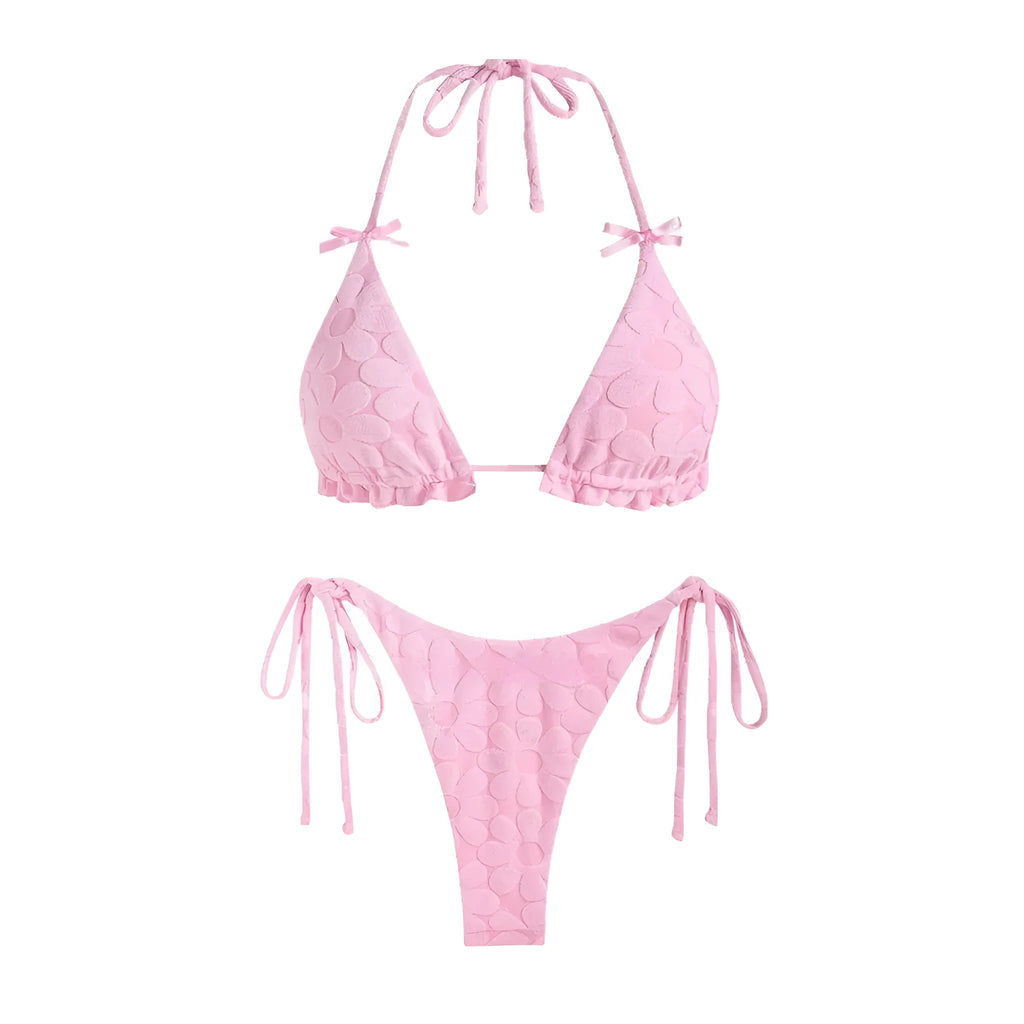 Women's solid colour backless bikini set in light blue and pink, high elasticity fabric, sizes M L XL