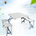 Aluminium alloy one-piece folding table and chair set in silver grey or blue, folded and expanded views, 85.5cm tabletop