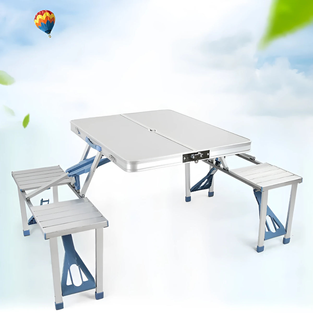 Aluminium alloy one-piece folding table and chair set in silver grey or blue, folded and expanded views, 85.5cm tabletop