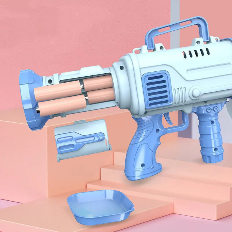 Sky blue electric Gatling bubble machine gun for children with 32 holes and light effects.