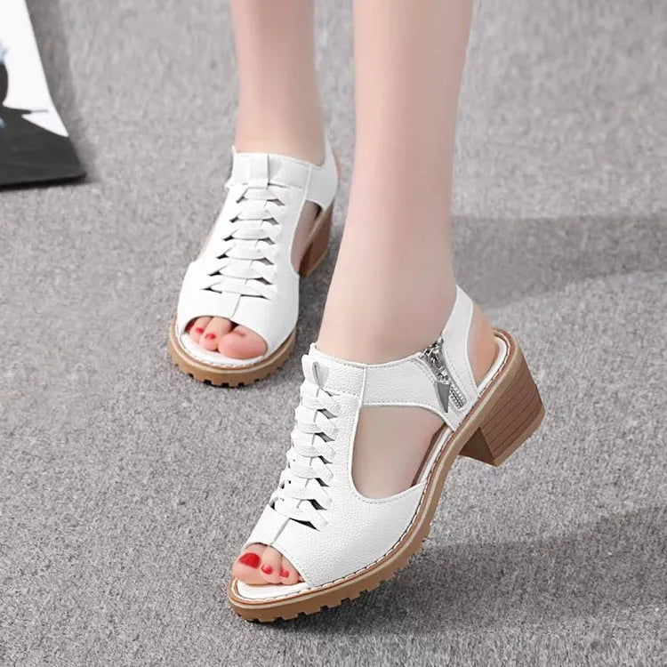 Women's retro sandals with side zipper closure and beef tendon sole in mid heel height