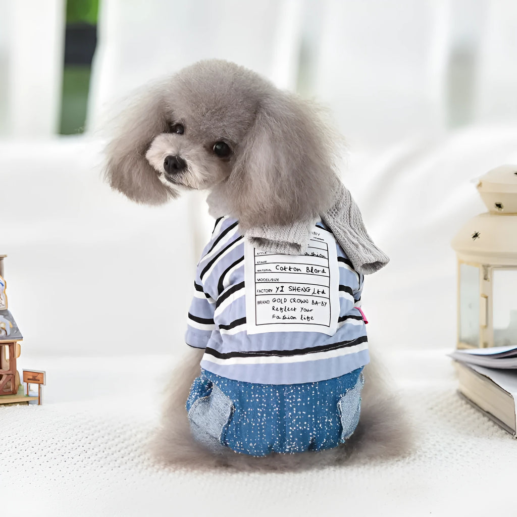 Four legged baby pet clothes in blue or pink, cloth dog outfit with sizes XS to XXL