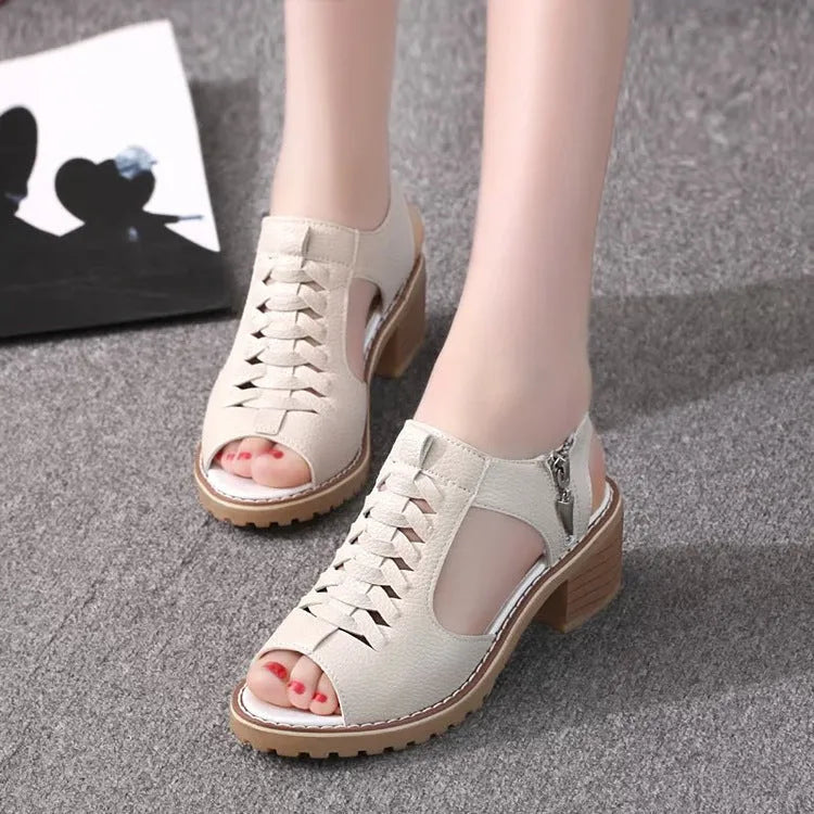Women's retro sandals with side zipper closure and beef tendon sole in mid heel height