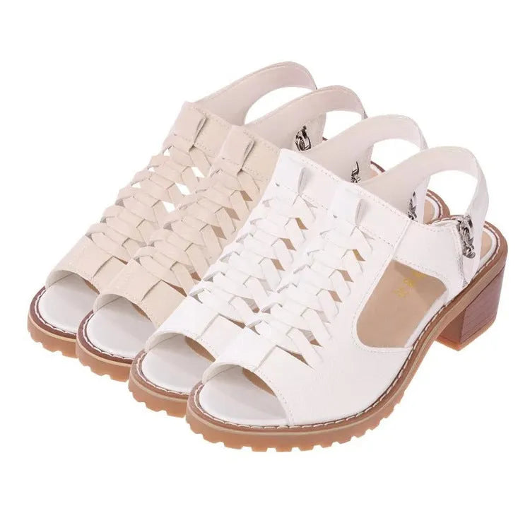 Women's retro sandals with side zipper closure and beef tendon sole in mid heel height