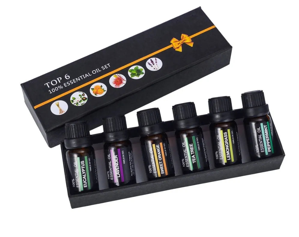 Six 10ml aromatherapy massage oil bottles with lavender, tea tree and citrus essential oil blends
