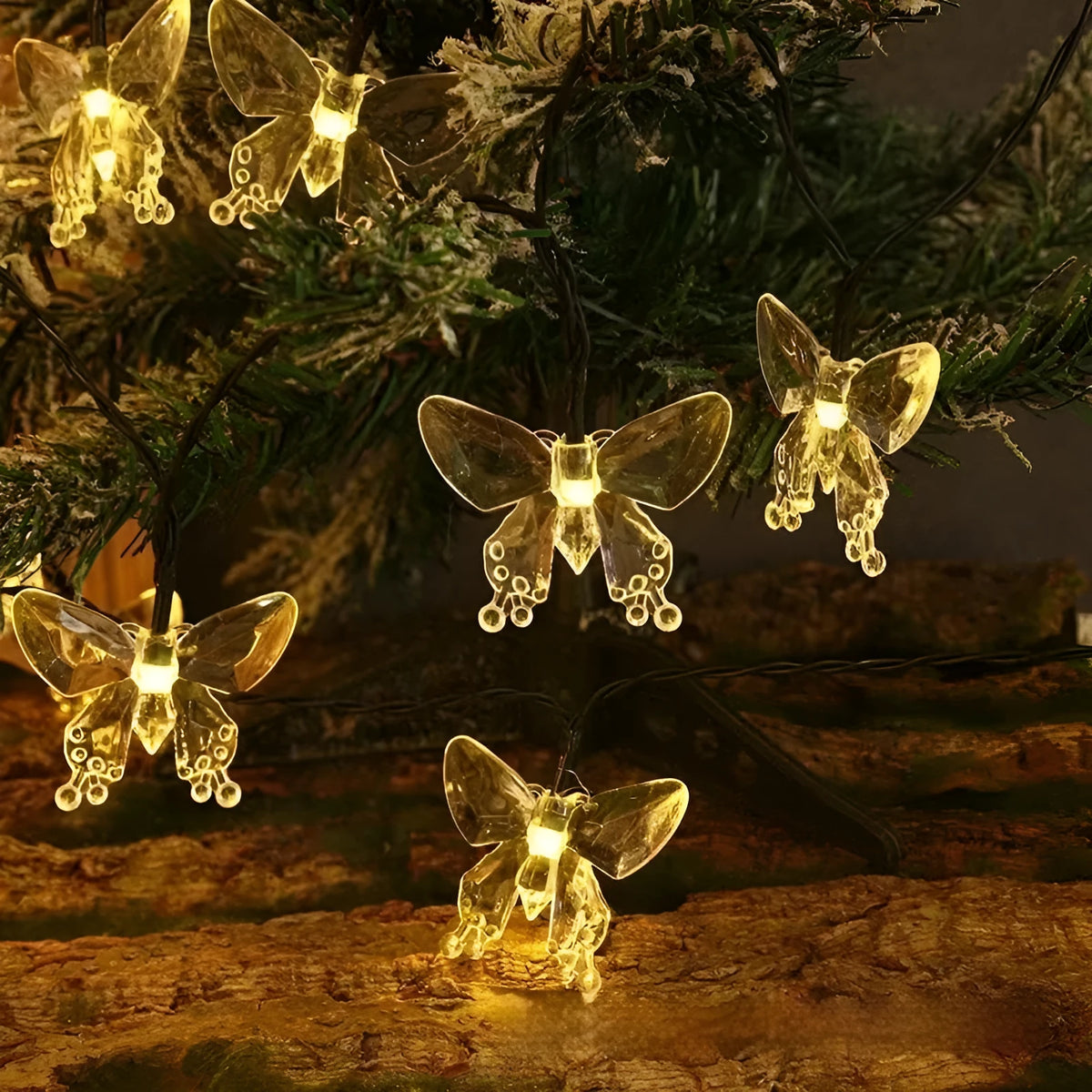 Solar butterfly and dragonfly LED string lights in glossy, pearlescent, and striped styles for outdoor garden use