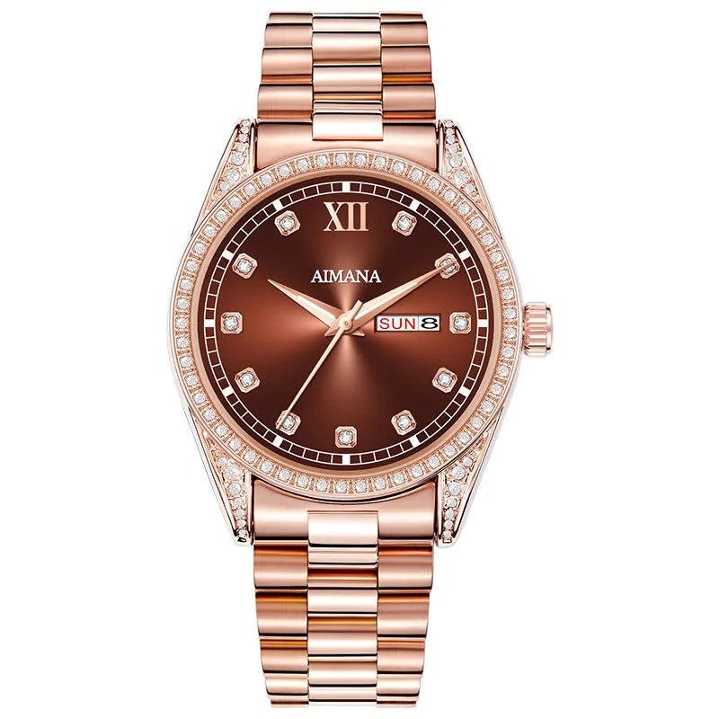 Log Series diamond disc quartz women's watch with steel strip strap, 10mm case, silver or rose shell finish
