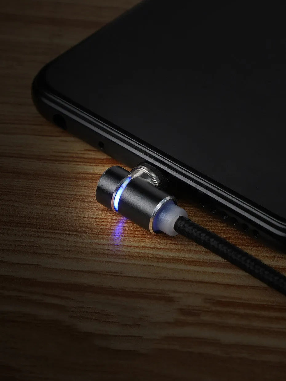 Magnetic LED charging cable with 90-degree rotating connector, aluminium alloy housing, 1 metre, black