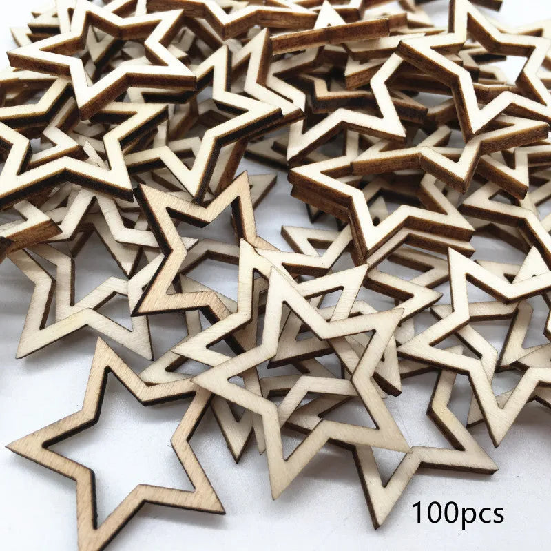 Wooden MDF hollow five-pointed star pendants in 10mm 20mm 30mm sizes with landscape flowers pattern individually packed