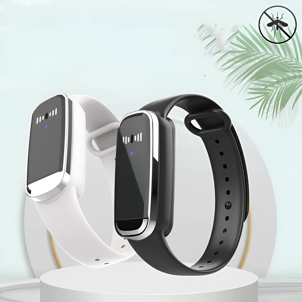 Black and white ultrasonic mosquito repellent bracelet with USB charging cable on wrist