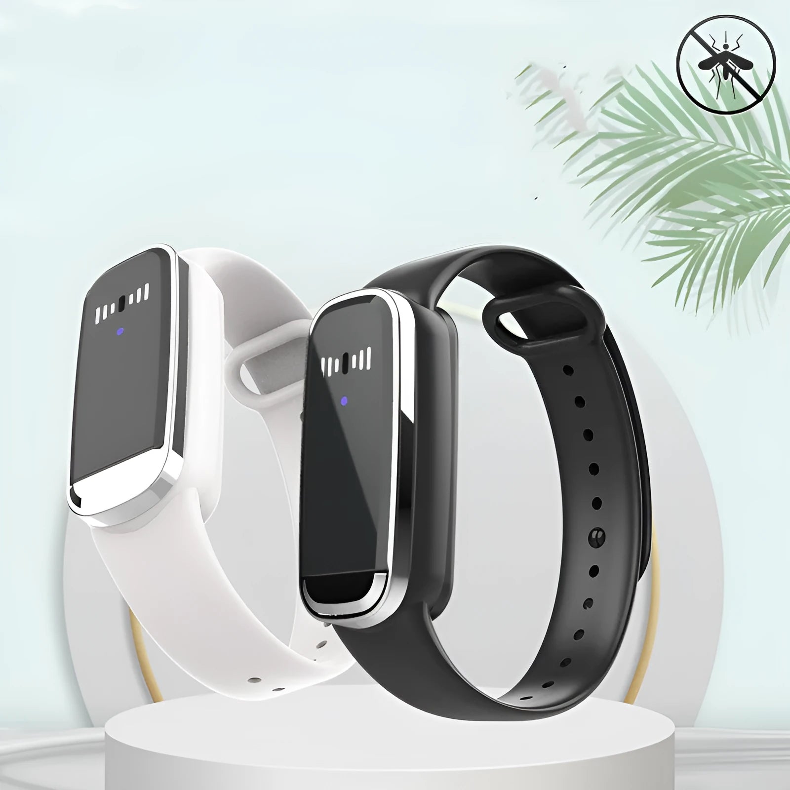 Black and white ultrasonic mosquito repellent bracelet with USB charging cable on wrist