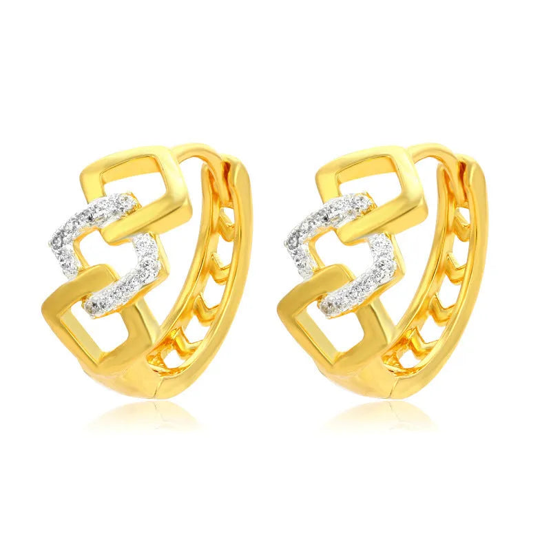Gold geometric hollow-out earrings with electroplated alloy construction and ear clip fastening