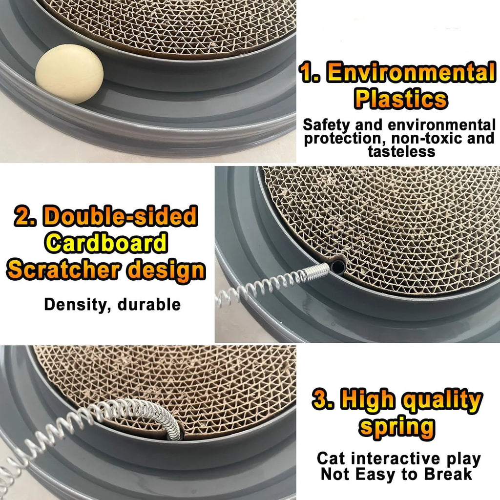 Blue interactive cat scratcher toy with ball track and replaceable cardboard scratching surface