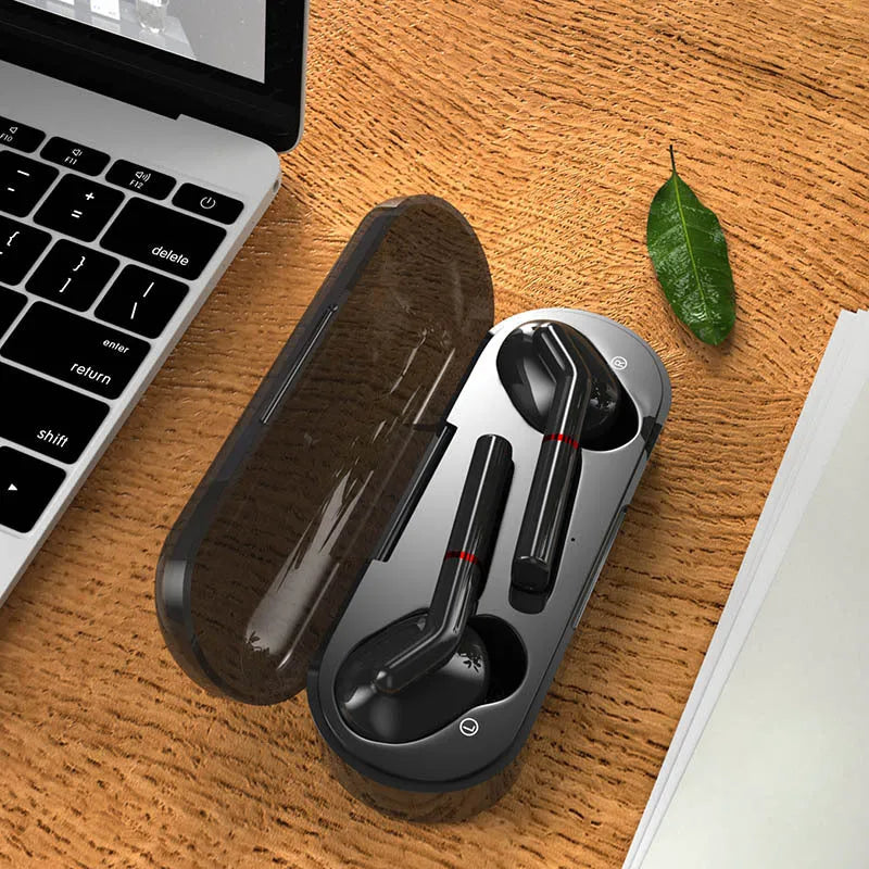 Black and white VV1 true wireless Bluetooth earphones with compact charging case