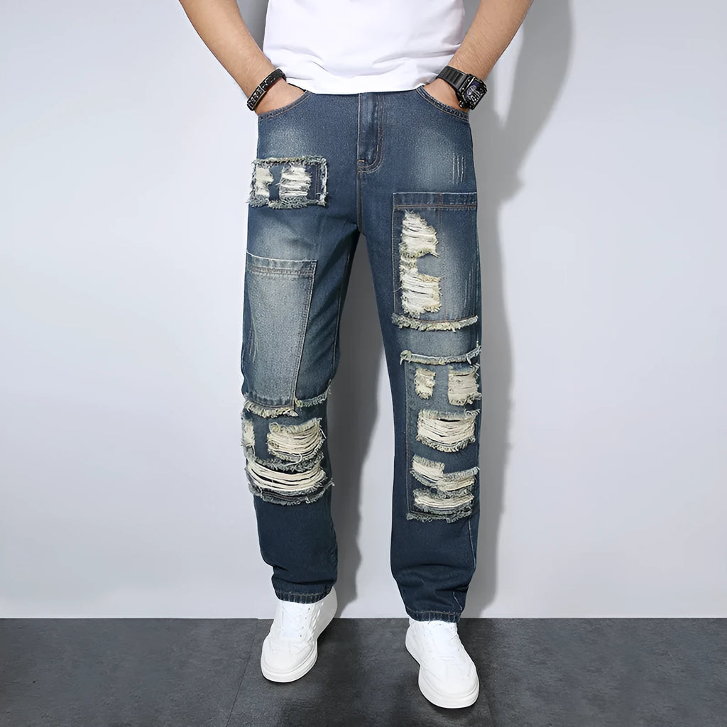 Men's straight wrinkle-resistant loose casual jeans in 2527 blue, mid waist zip fly, cotton material