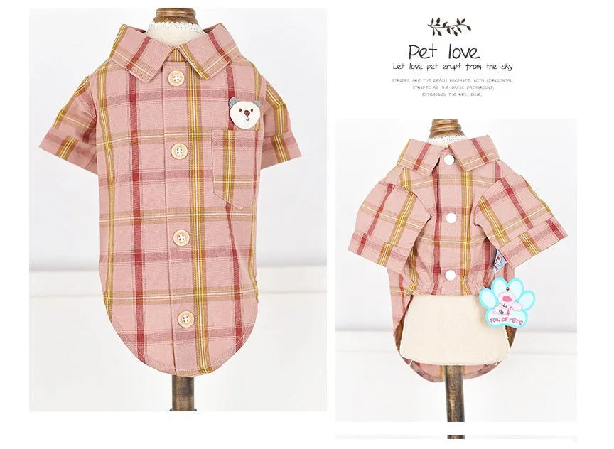 Pet shirt in soft cotton with two feet design, available in blue, red, and rice brown for dogs and cats