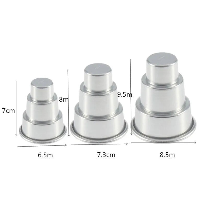 Silver aluminium alloy cake mould with three layered pudding cup cavities