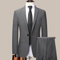 Grey slim-fit men's striped suit set with coat, vest, and trousers on hanger