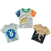 Children's cotton T-shirt with cool animal graphic print, short sleeves, available in Green lion, Grey giraffe, and Khaki Elephant designs.