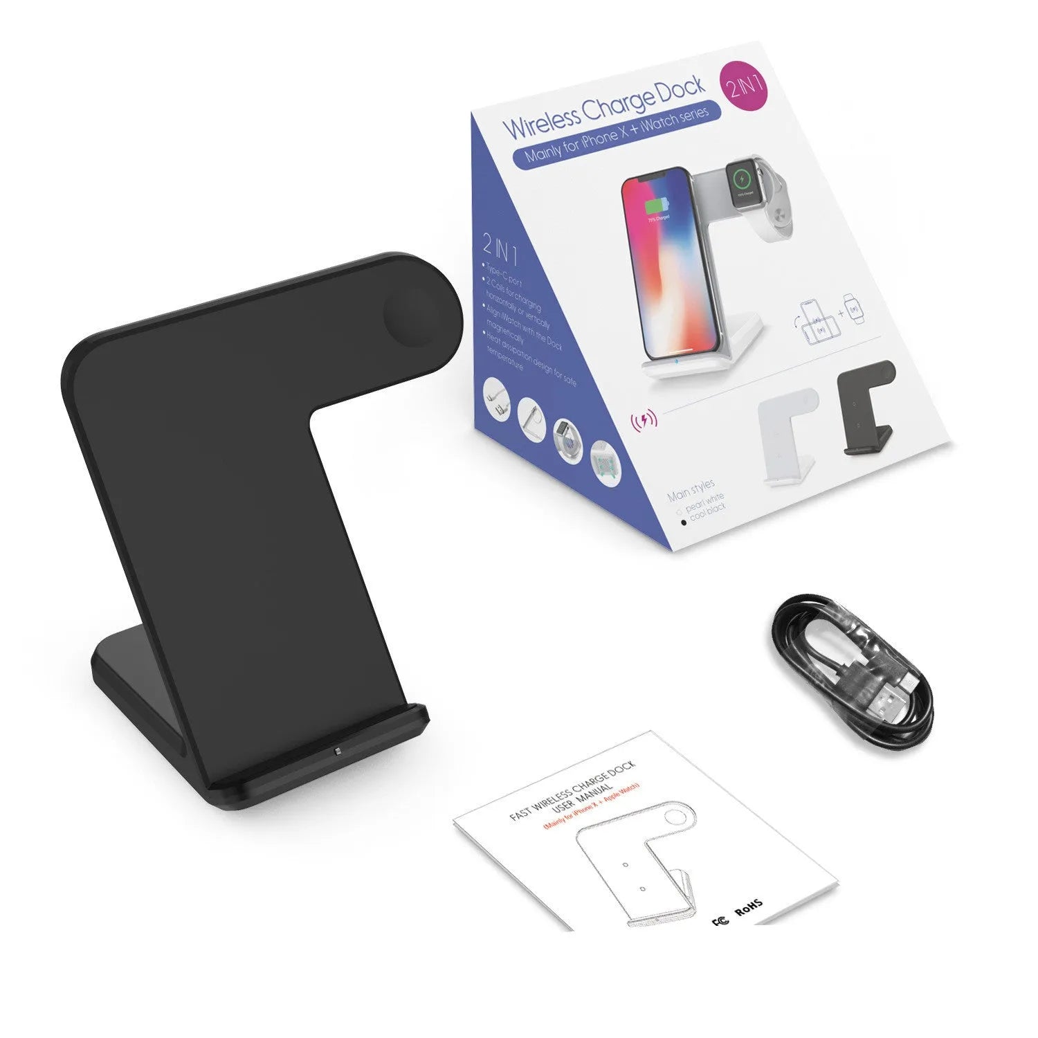 Black wireless charging pad for mobile phones on a wooden desk with a smartphone placed on top.