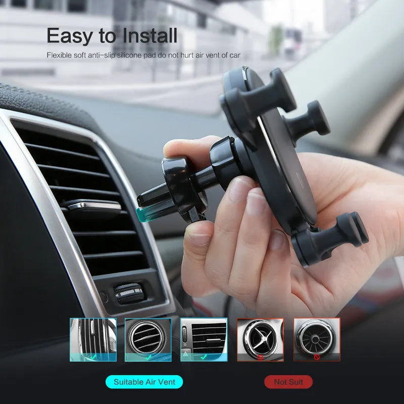 Black gravity car phone holder showing 360-degree rotation mechanism