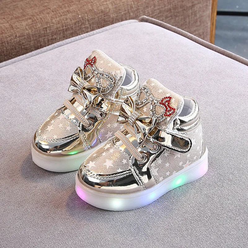 Children's LED light up shoes with magic button in golden, pink, and silvery colours