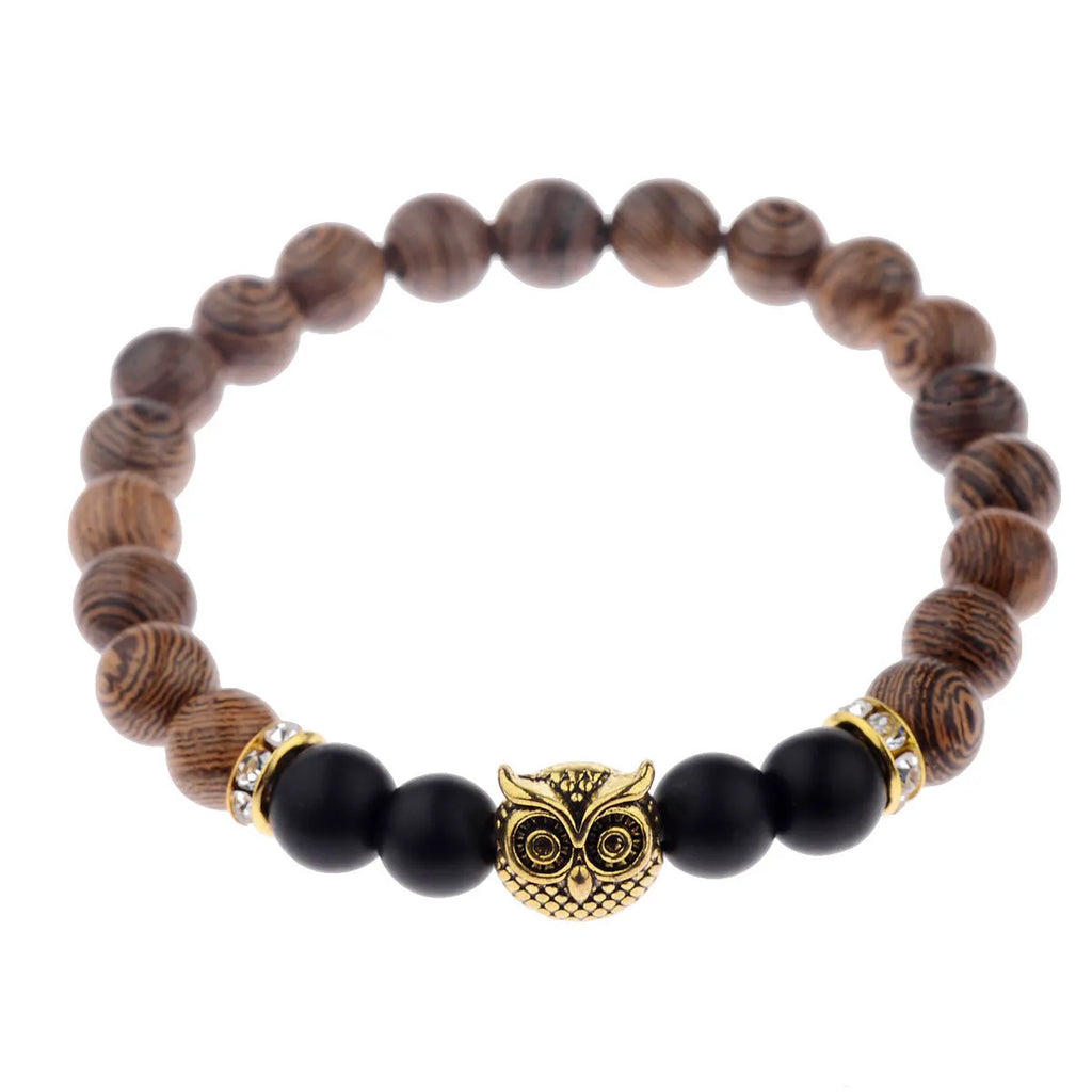 Owl frosted stone lifeline wood grain bracelet in black with wood beads and alloy clasp