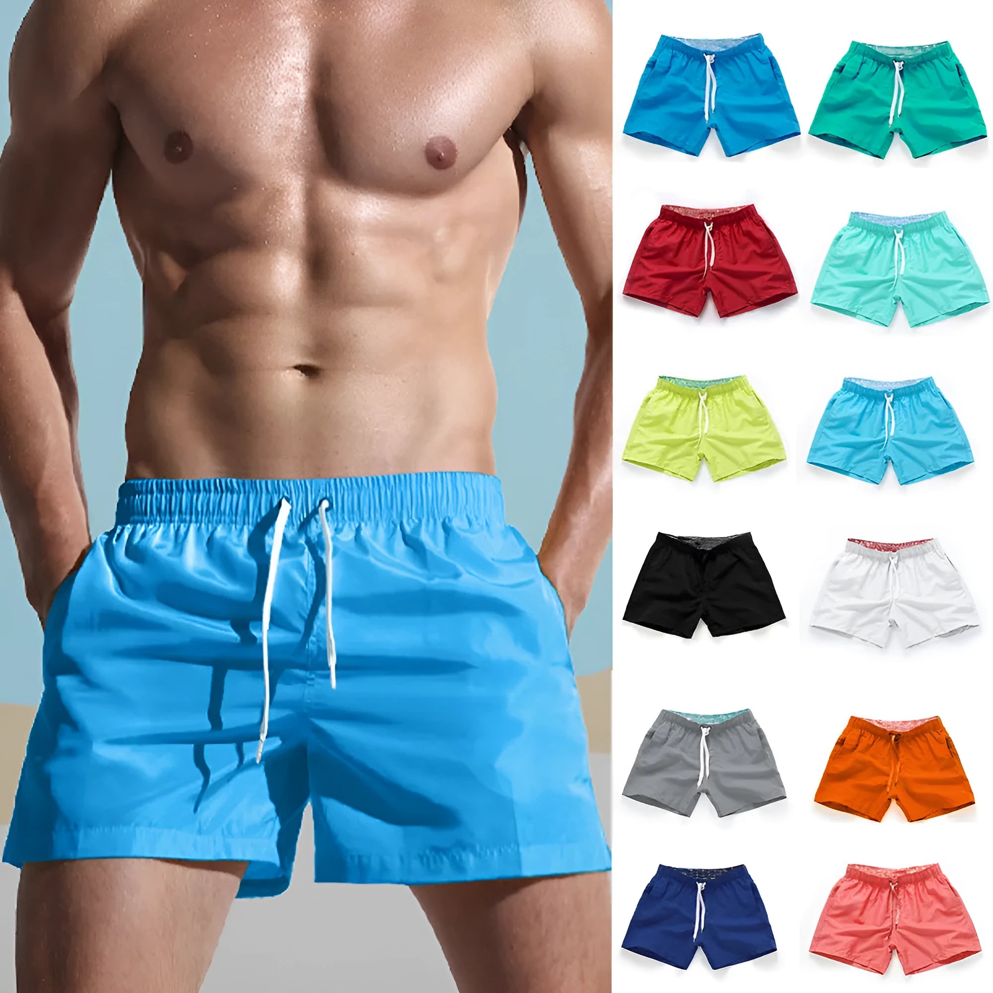 Men's straight-leg beach shorts in polyester fabric, shown in multiple colour options.