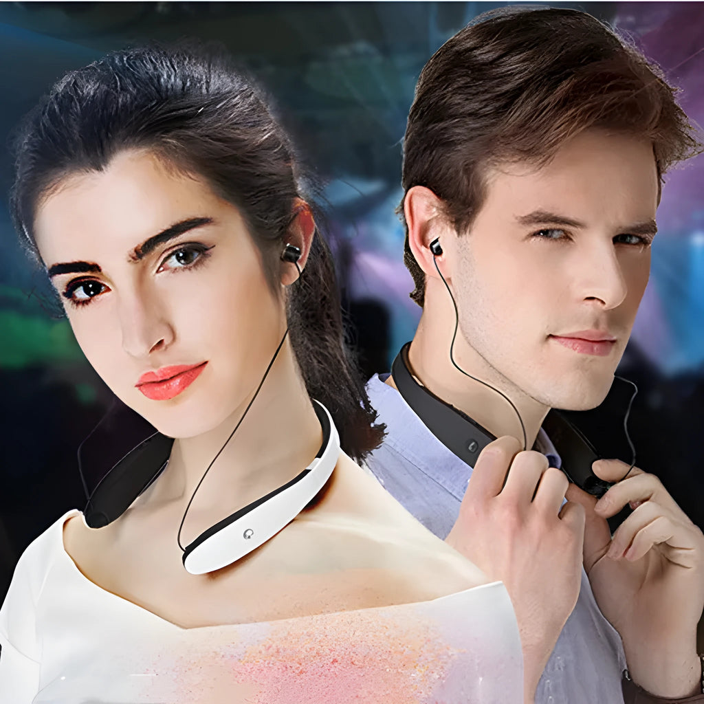 SX991 wireless retractable earbuds Bluetooth 5.0 neckband in black with battery display and retractable earphones