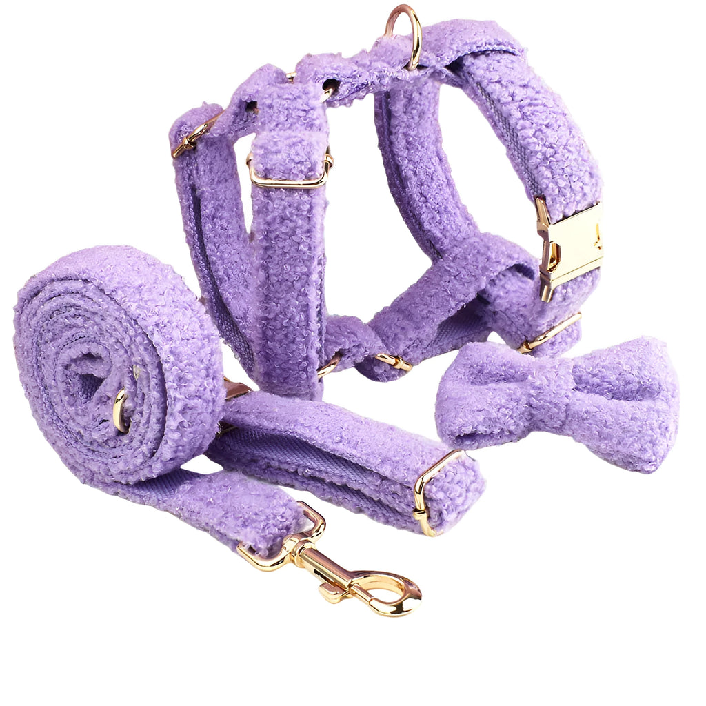 Four-piece dog clothing set showing collar, leash, vest and bow tie for small pets
