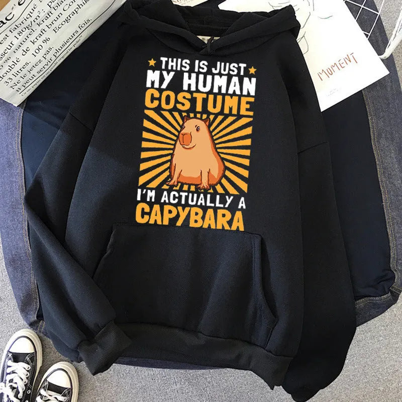 Gray capybara print hoodie for women, loose fit pullover with hood and long sleeves, side seam pocket