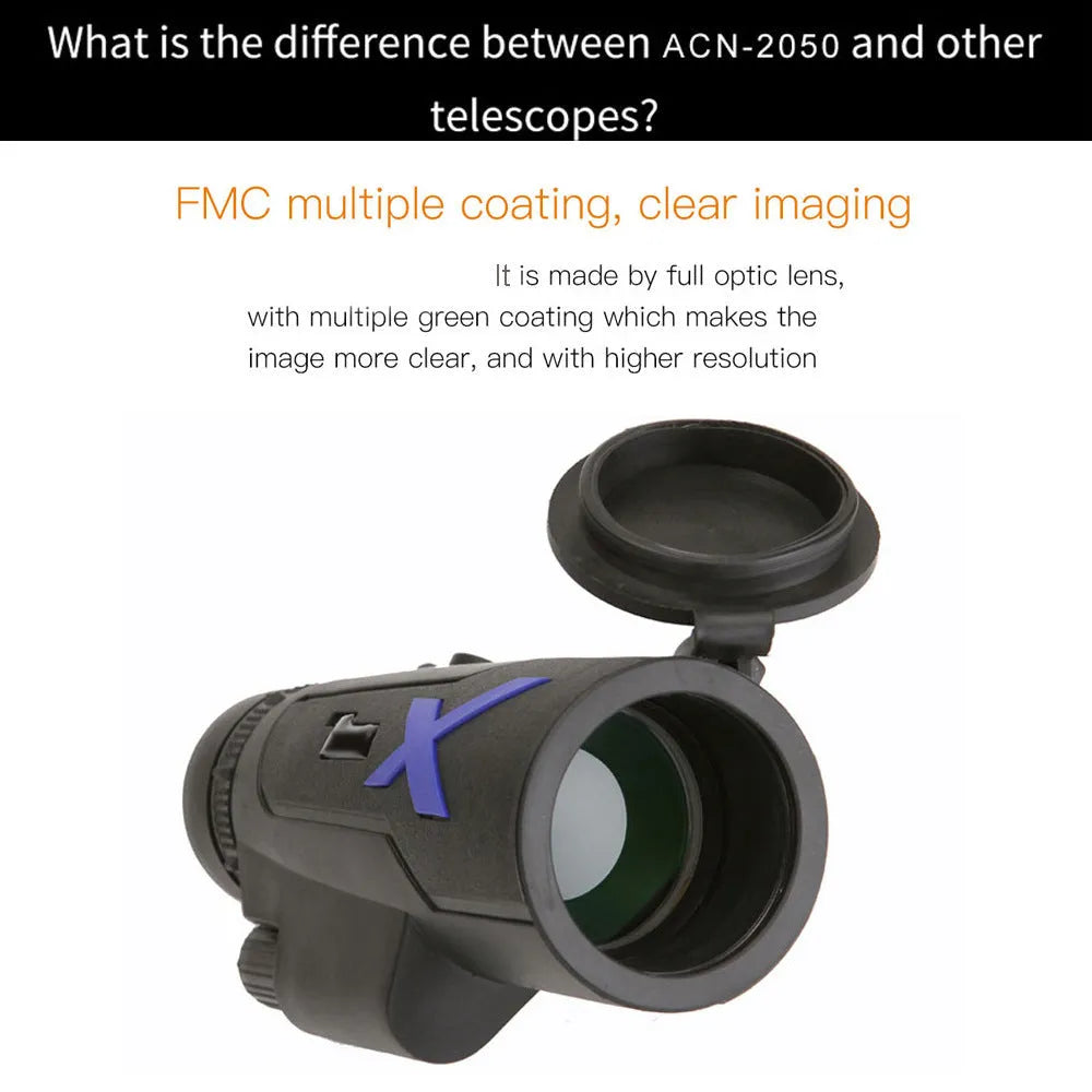 Black 12x50 monocular telescope with 50mm objective lens and compact design for outdoor use